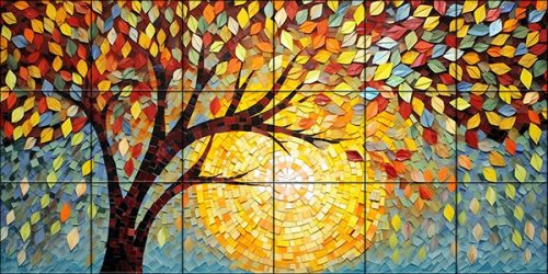 stylized autumn tree with colorful leaves and mosaic sun – ceramic tile mural
